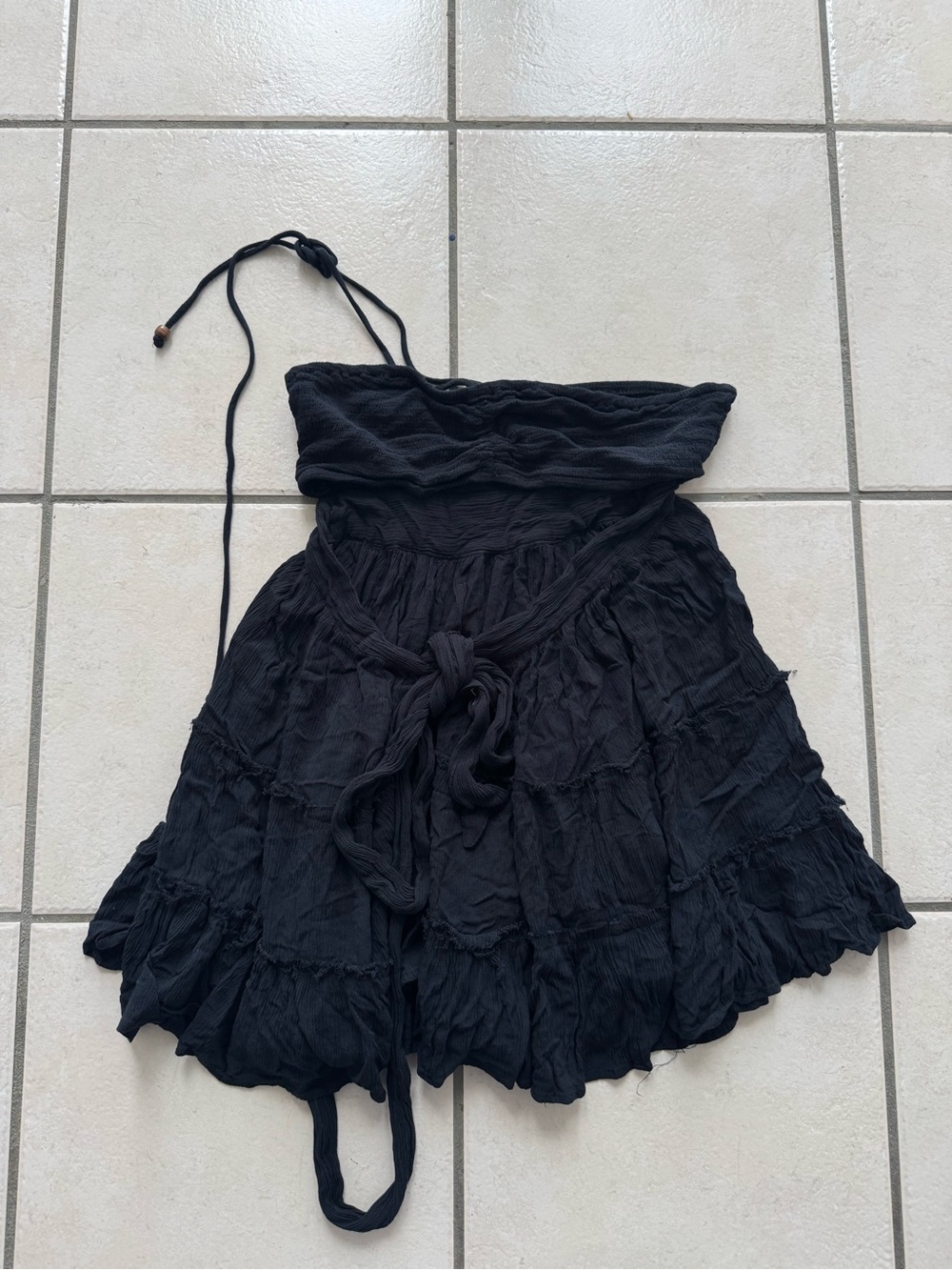 Olivaceous Black Strapless Crinkle Sundress with Tie Waist